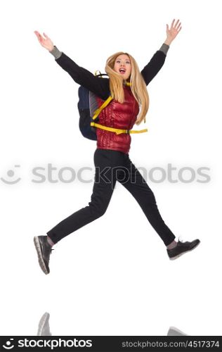 Young woman student with backpack isolated on white
