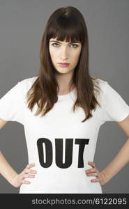 Young Woman Supporter Wearing T Shirt Printed With OUT Slogan