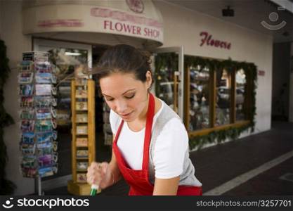 Young woman sweeps outside flower shop