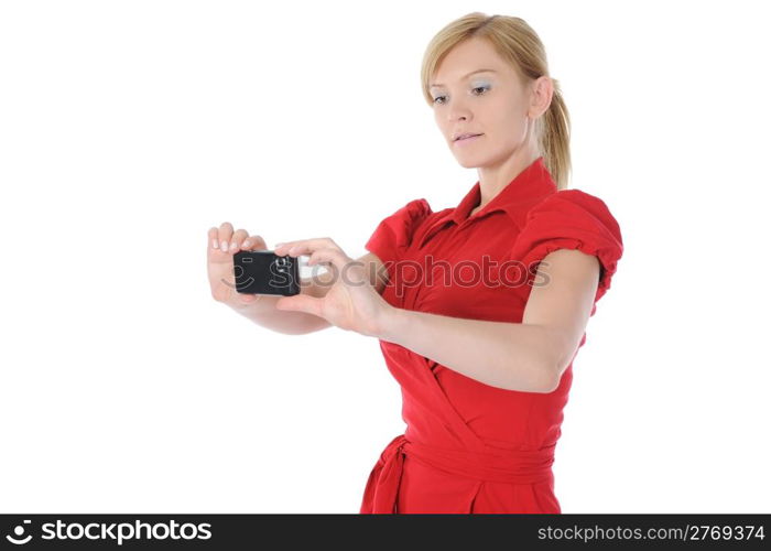 Young woman takes a picture to your phone. Isolated on white background