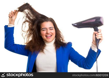 Young woman taking care of her hair isolated over white
