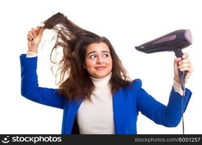 Young woman taking care of her hair isolated over white