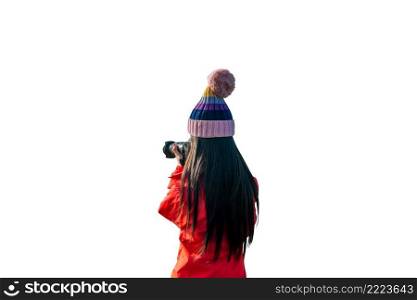 Young woman taking photographs with digital camera isolated white background.