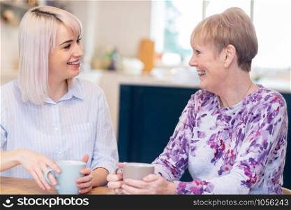 Young Woman Taking Time To Visit Senior Female Neighbor And Talk