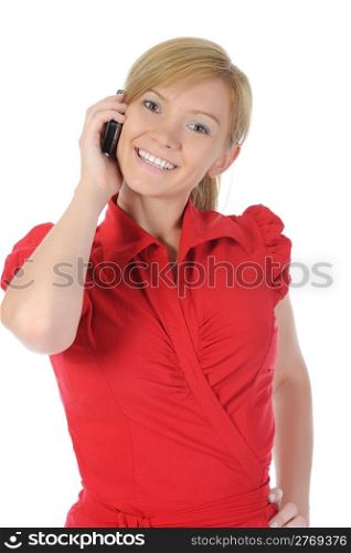 Young woman talking on the phone. Isolated on white background