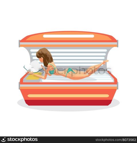 Young woman tanning in solarium and reading a book. Vector flat cartoon illustration isolated on a white background