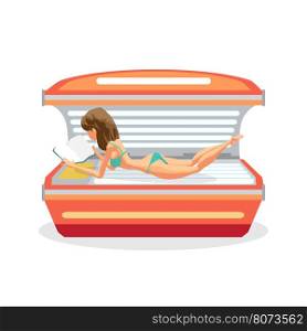 Young woman tanning in solarium and reading a book. Vector flat cartoon illustration isolated on a white background