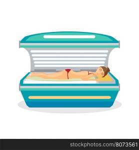 Young woman tanning in solarium. Vector flat cartoon illustration isolated on a white background