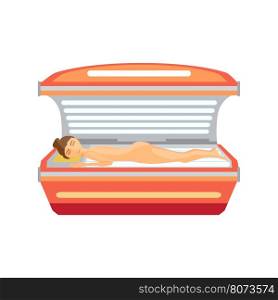 Young woman tanning naked in solarium. Vector flat cartoon illustration isolated on a white background