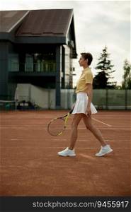 Young woman tennis player holding racket and ball walking among professional court. Preparation for tournament and competition match concept. Young woman tennis player walking among professional court
