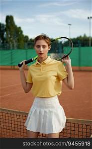 Young woman tennis player wearing trendy fashion sportswear posing with racket at net. Leisure activity and sport outdoors concept. Young woman tennis player in trendy fashion sportswear posing with racket