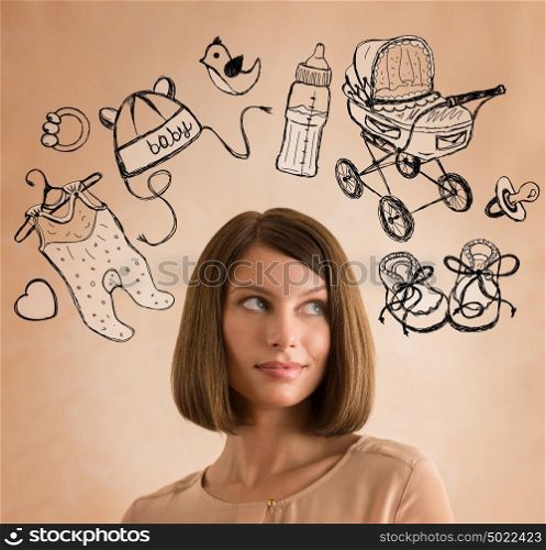 Young woman thinking of her pregnancy plans closeup face portrait and sketches overhead