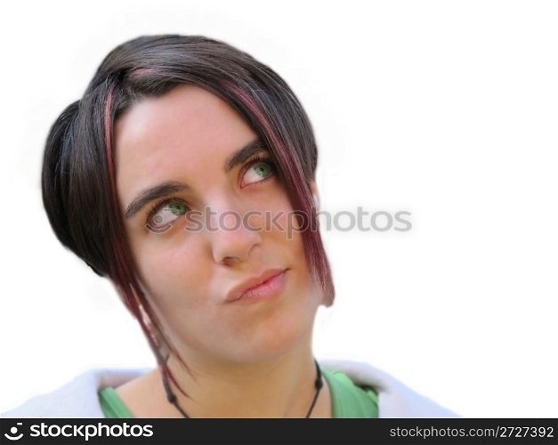 Young woman thinking on a white background