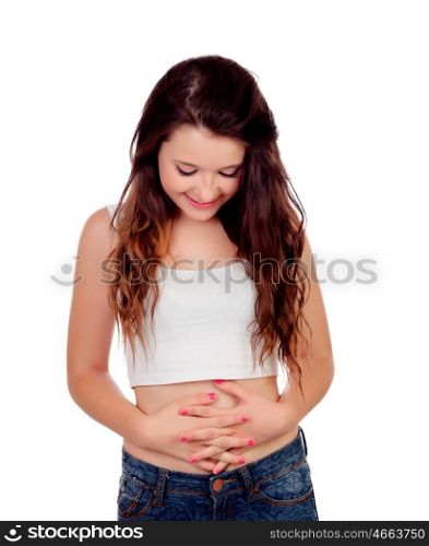Young woman touching her belly isolated on white background