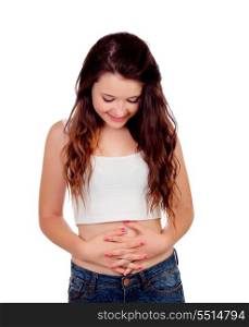 Young woman touching her belly isolated on white background