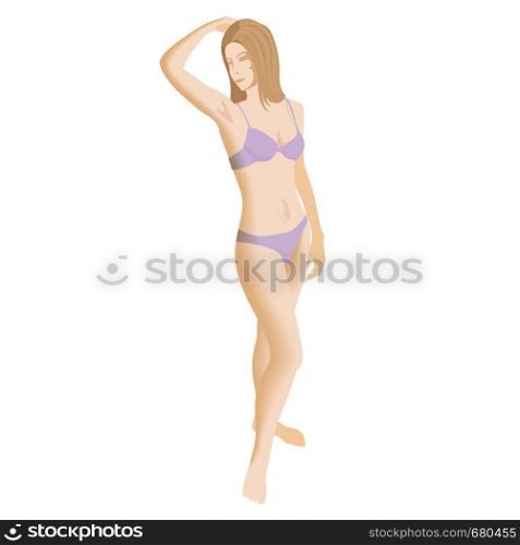 Young woman underwear bikinin holding her arm up and showing underarm, smooth clear skin. Epilation and depilation of hair. Bikini, arms, legs, ancle. For posters, advertising, web. Young woman underwear bikinin holding her arm up and showing underarm, smooth clear skin.