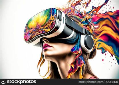 young woman using a virtual reality headset. Image created with Generative AI technology 