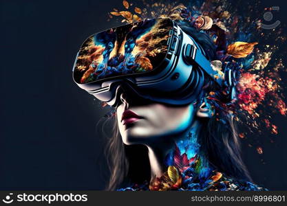 young woman using a virtual reality headset. Image created with Generative AI technology
