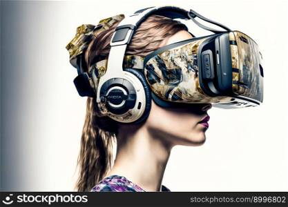 young woman using a virtual reality headset. Image created with Generative AI technology 