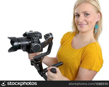 young woman videographer using steady cam,