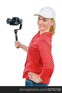 young woman videographer using steady cam, on white