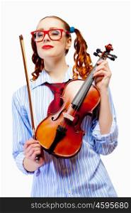 Young woman violinist. Young funny woman in red glasses holding violin
