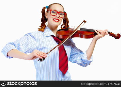 Young woman violinist. Young funny woman in red glasses holding violin