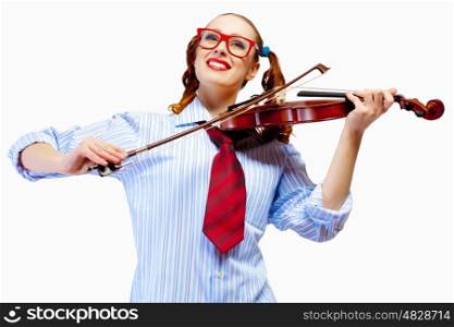 Young woman violinist. Young funny woman in red glasses holding violin