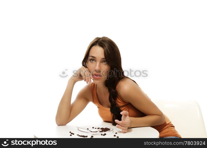 young woman waiting for her coffee. young woman waiting for her coffee on white background