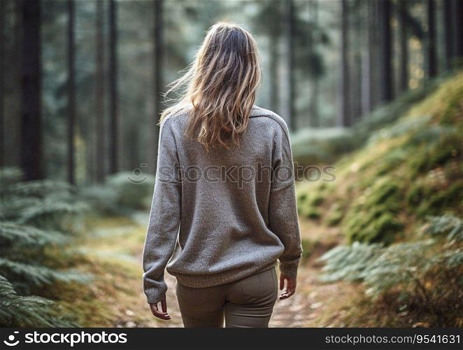 Young woman walking in green summer forest.AI Generative.