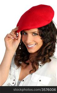 young woman wearing a red beret