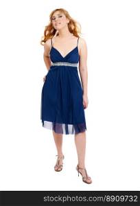 Young Woman wearing blue dress isolated on white