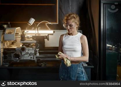 Young woman wearing denim overalls and protective safety goggles wiping her hands with rag after working on lathe turning machine at workshop. Young woman wiping her hands with rag after working on lathe turning machine