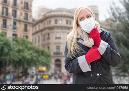 Young Woman Wearing Face Mask Walks Among The Public In Italy.