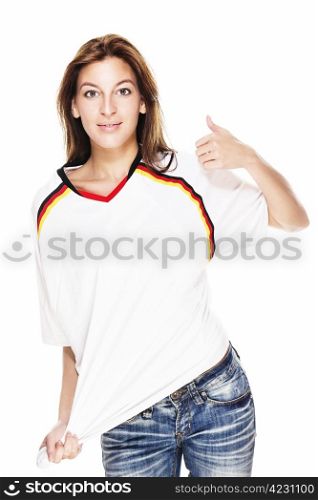young woman wearing jeans and football shirt showing thumb up. young woman wearing jeans and football shirt showing thumb up on white background