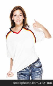 young woman wearing jeans and football shirt showing thumb up. young woman wearing jeans and football shirt showing thumb up on white background