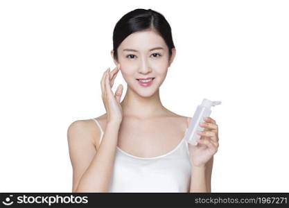 Young woman wearing skin care products
