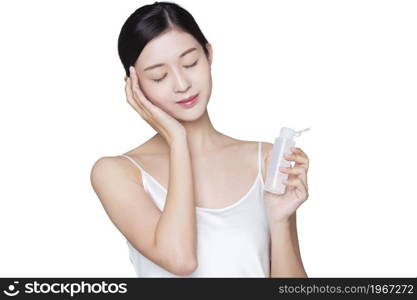 Young woman wearing skin care products