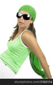 Young woman wearing sunglasses and green scarf
