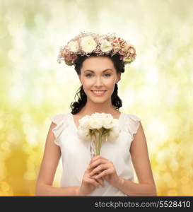 young woman wearing wreath of flowers and bouquet