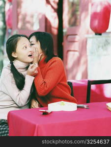 Young woman whispering into another woman&acute;s ear