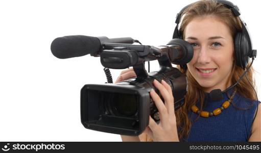 young woman with a camcorder, isolated on white background