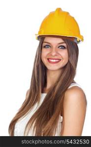 Young Woman with a Construction Helmet Isolated on White