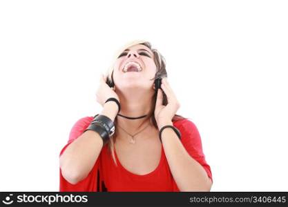 Young woman with a cool rocker style listening to music
