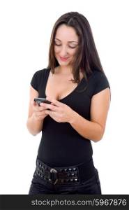 young woman with a phone, isolated on white