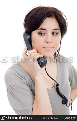 young woman with a phone, isolated on white