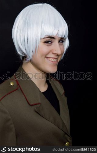 young woman with a russian army coat and a white wig