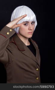 young woman with a russian army coat and a white wig