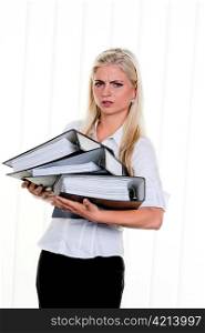 young woman with a stack of files folder: