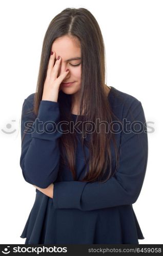 Young woman with a strong headache, isolated over white background